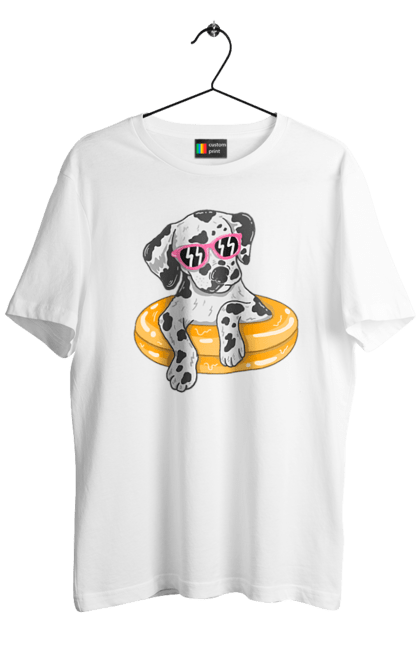 Men`s t-shirt with prints Dalmatian Swims In A Circle. Dalmatian, dog, glasses, to swim. 2070702