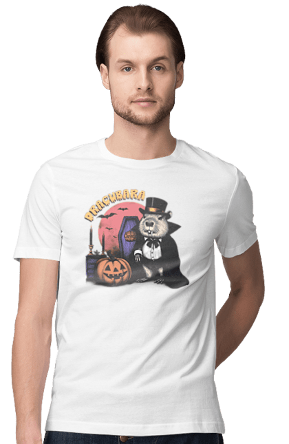 Men's t-shirt with prints Capybara Halloween. Animal, capybara, ghost, halloween, holiday, moon, pumpkin, rodent, vampire. 2070702