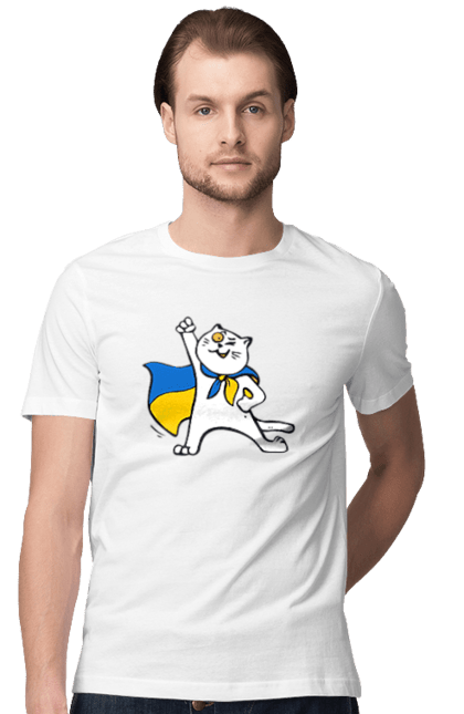 Футболка чоловіча з принтом "Білий кіт з прапором України". Кіт, кіт з прапором, кіт патріот, патріот, символ україни, україна. Print Shop