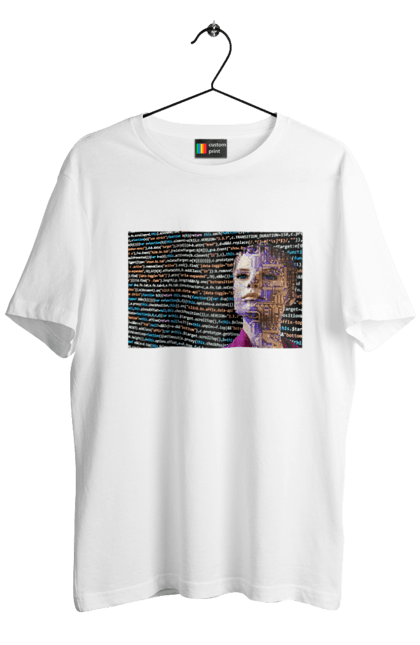 Футболка чоловіча з принтом "Штучний Розум". Айті, айтішник, гик, жінка, знання, інженер, інтелект, кібер, кібернетика, кіборг, код, комп, комп`ютерник, кристал, машинне навчання, мікросхема, мозок, портрет, програміст, професіонал, професія, розробник, розум, світиться, світло, хакер, чіп, штучний інтелект, штучний розум. 2070702