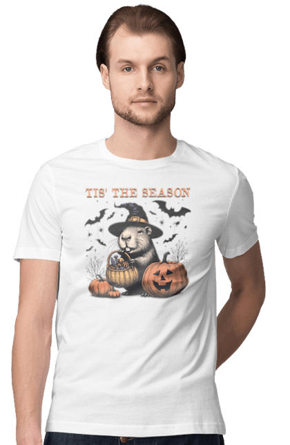 Men's t-shirt with prints Capybara Halloween. Animal, capybara, ghost, halloween, holiday, moon, pumpkin, rodent, witch. 2070702