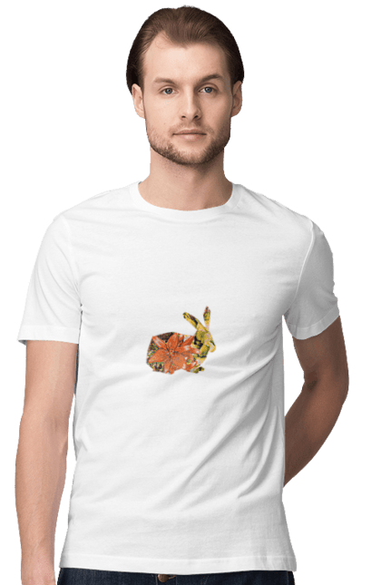 Футболка чоловіча з принтом "Квітковий кролик". Квіти, квітка, клумба, кролик, лілії, оранжева лілія, оранжевий, природа, рослини, сад, тварина, форма, форма кролика. ART принт на футболках
