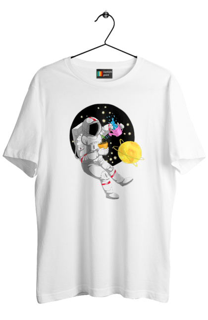 Футболка чоловіча з принтом "Космонавт у космосі поливає квіти". Агроном, квітка, космонавт, космос, планета. futbolka.stylus.ua