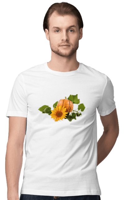 Men's t-shirt with prints Sunflower and pumpkin. Autumn, composition, fetus, flower, foliage, leaf, orange, pumpkin, ripe, season, sunflower, vegetable. CustomPrint.market