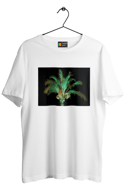 Футболка чоловіча з принтом "Фінікова Пальма Вночі". Берег, відпочинок, відпустка, зелений, море, ніч, оазис, океан, острів, пальма, південь, подорож, пригоди, тропіки, фінікова, чорне. 2070702