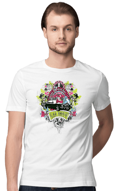 Футболка чоловіча з принтом "Автомобільне Шоу, Літо". Автомобіль, гроші, карти, пальма, шоу. 2070702