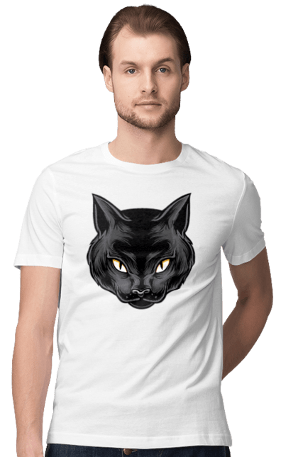 Футболка чоловіча з принтом "Чорна кішка". Голова кішки, кіт, кішка, чорна кішка, чорний кіт. ART принт на футболках