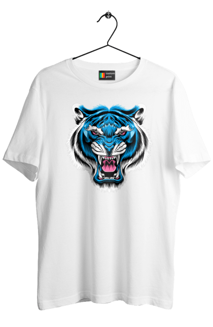 Футболка чоловіча з принтом "Блакитний тигр". Блакитний тигр, голова тигра, тварини, тигр. ART принт на футболках