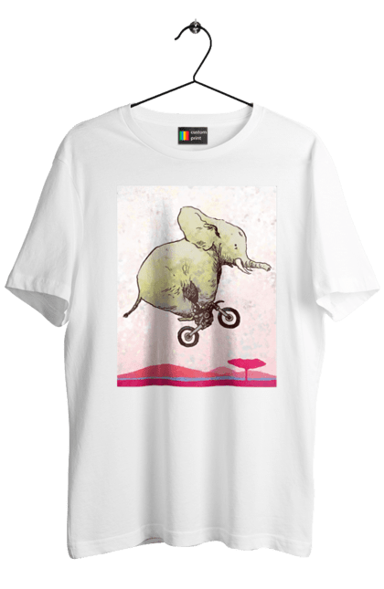 Футболка чоловіча з принтом "Слон На Мотоциклі". Мотоцикл, політ, слон. 2070702
