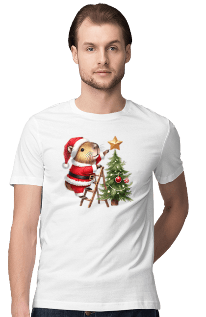 Men's t-shirt with prints Christmas Capybara with a Tree. Animal, capybara, christmas, christmas capybara, christmas tree, gift, holiday, new year, new year`s gift, santa. 2070702