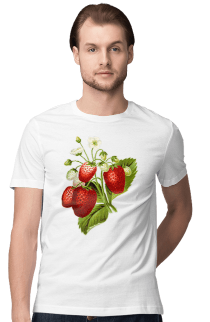Футболка чоловіча з принтом "Полуниця". Букет, делікатес, зріла, їжа, квіти, листя, літо, полуниця, полуничка, смачно, стигла, урожай, червона, ягода, ягоди. ART принт на футболках