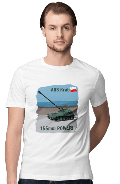 Футболка чоловіча з принтом "155mm Power! САУ Krab оливковий". Ahs krab, артилерія, гаубиця, краб, польща, сау. 2070702