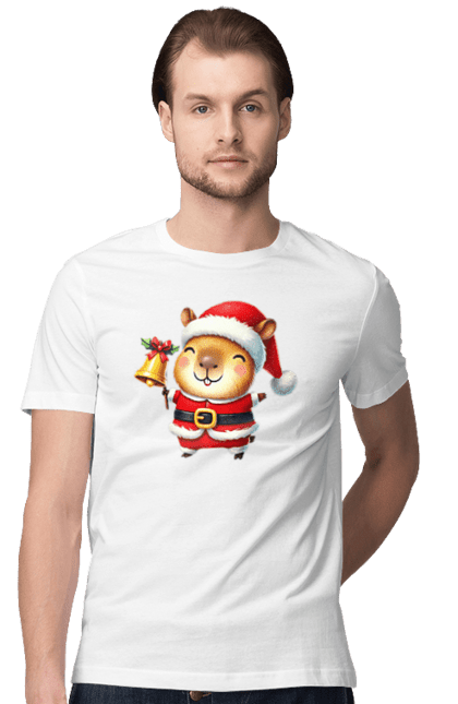 Men's t-shirt with prints Funny capybara with a bell. Animal, bell, capybara, christmas, christmas capybara, gift, holiday, new year, new year`s gift, santa. 2070702