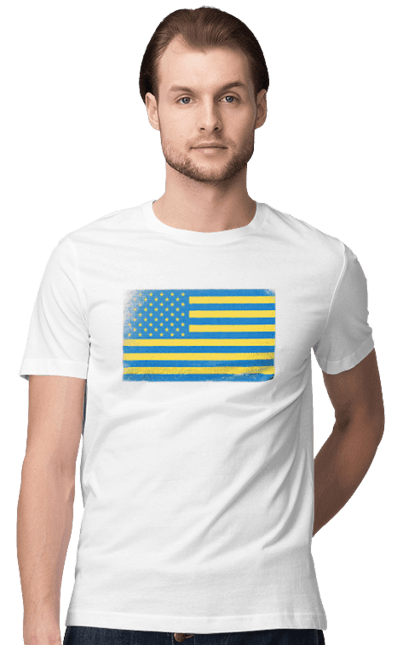 Футболка чоловіча з принтом "Український прапор США". Америка, американський прапор, жовто-блакитний, жовто-блакитний прапор, національний, прапор америки, прапор україни, прикол, сполучені штати, сша, україна, український прапор. Print Shop