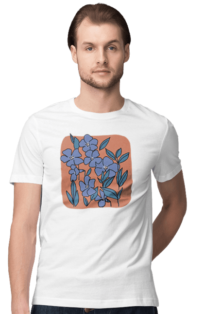 Футболка чоловіча з принтом "Квіти барвінок". Барвінок, квіти, листочки, рослина, синя квітка. futbolka.stylus.ua
