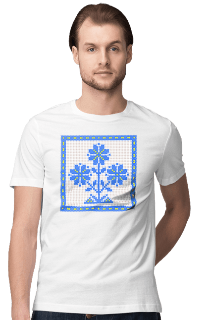 Men`s t-shirt with prints Yellow blue embroidery flowers. Cross stitch, embroidery, flowers, symbol of ukraine, traditions of ukraine, ukraine. 2070702
