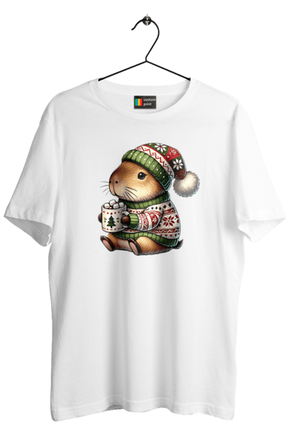 Men's t-shirt with prints Capybara with hot chocolate. Animal, capybara, christmas, christmas capybara, gift, holiday, hot chocolate, new year, santa. 2070702