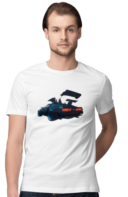 Футболка мужская с принтом DeLorean обратно в будущее. Автомобиль, делореан, из фильма. 2070702