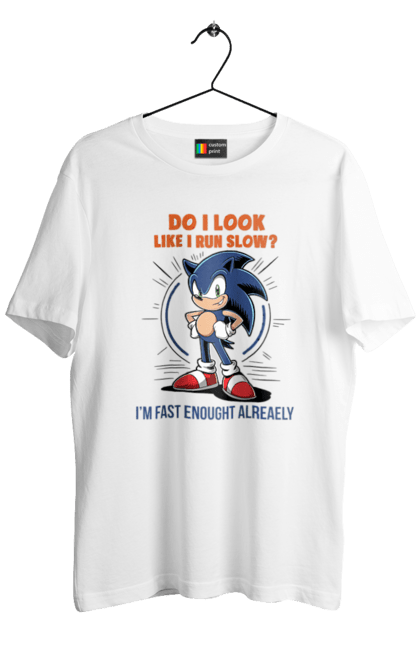 Men's t-shirt with prints Sonic the Hedgehog. Comic, hedgehog, mascot, multisterial, sega, sonic, sonic the hedgehog, video game. 2070702