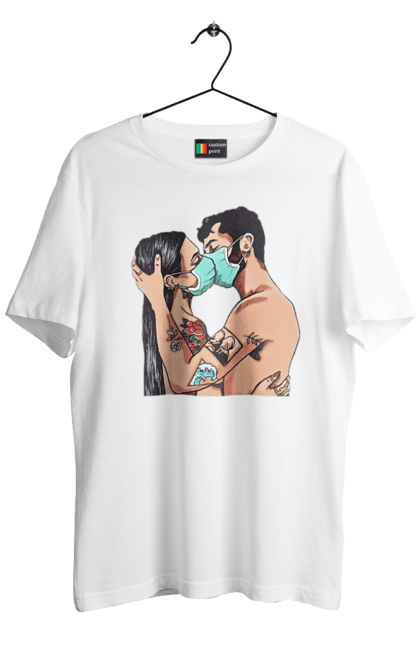 Футболка чоловіча з принтом "Коронавірусна Любов". Карантин, коронавірус, кохання, маска, поцілунок. 2070702