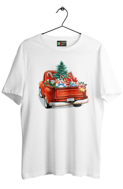 Men`s t-shirt with prints Car with gifts. Car, christmas, new year, presents, santa, tree. 2070702