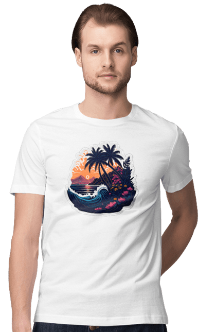 Футболка чоловіча з принтом "Дивовижна пальма біля моря на закаті сонця". Закат сонця, море, пальма. Milkstore