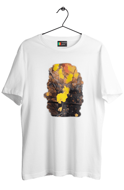 Футболка чоловіча з принтом "Жовті квіти в теплих тонах". Живопис, жовтий, жовті квіти, затишок, кавовий, квіти, квітка, коричневий, малюнок, осінь, природа, теплий, тепло, художнє, хюге. ART принт на футболках