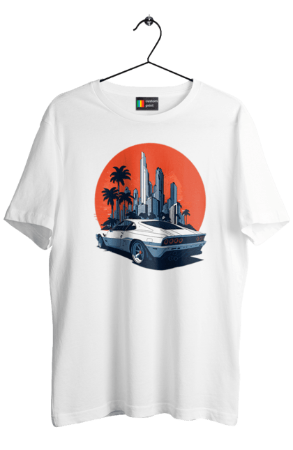 Футболка чоловіча з принтом "Авто". Гонка, захід сонця, спортивний автомобіль, швидкість. 2070702