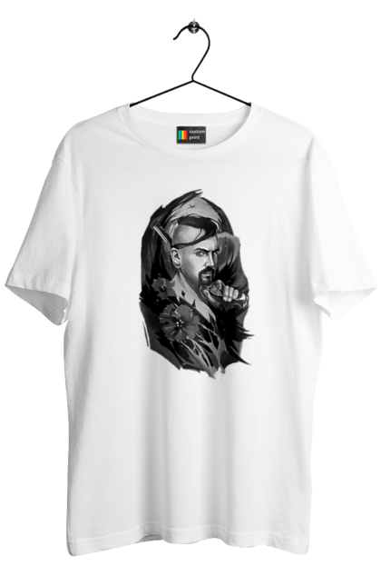 Футболка чоловіча з принтом "Козак". Вуса, квітки, козак, пістолет, справжній українець, чуб. 2070702