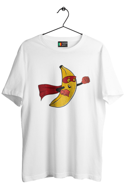 Футболка чоловіча з принтом "Банан Супермен". Банан, малюнок, месники, мультфільм, супер, супер герой, супермен, фрукт. CustomPrint.market