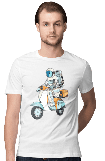 Футболка мужская с принтом Космонавт на мотоцикле. Космонавт, космос, мотоцикл. 2070702