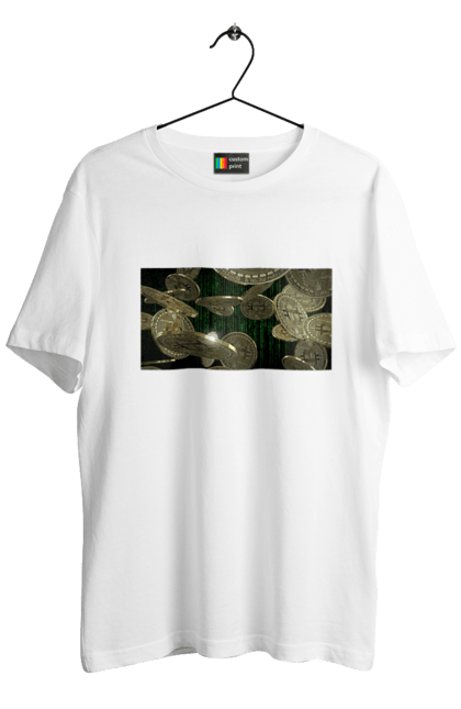 Футболка чоловіча з принтом "Біткойн". Багатство, біткойн, валюта, гроші, криптовалюта, курс, майнінг, матриця, монета, розкіш, цифровий світ. 2070702