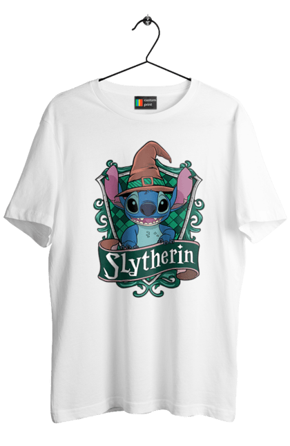 Футболка мужская с принтом Стич Слизерин. Harry potter, hogwarts, slytherin, stich, гарри поттер, слизерин, стич, факультет, франшиза, хогвартс. 2070702