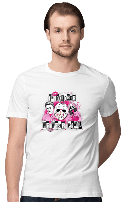 Men's t-shirt with prints In October we wear pink. Costume, halloween, holiday, horror, october, october 31, pink, villains. 2070702