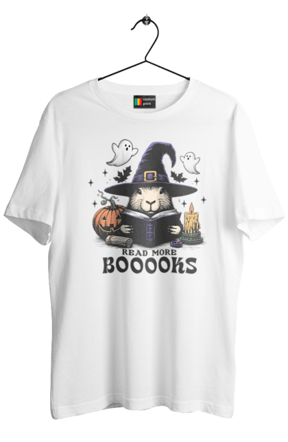 Men's t-shirt with prints Capybara Halloween. Animal, capybara, ghost, halloween, holiday, moon, pumpkin, rodent, witch. 2070702