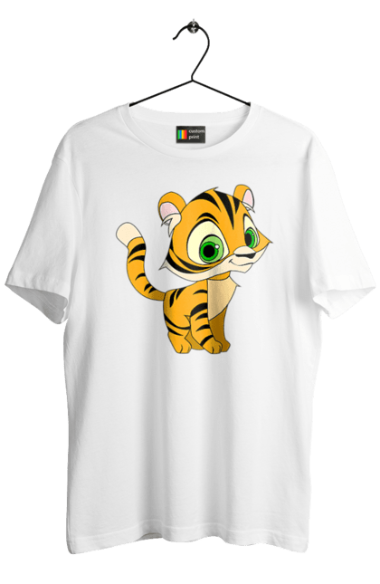 Men's t-shirt with prints Little tiger. Animal, beast, big cat, cartoon, happy, nature, portrait, predator, sight, small, stylization, tiger, tiger cub, wild, wild nature, young. CustomPrint.market