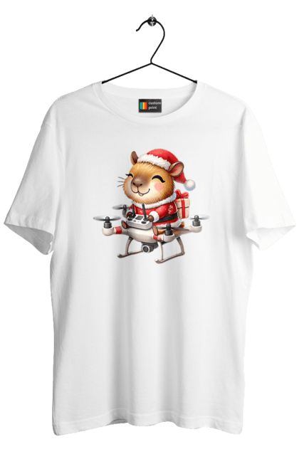 Men's t-shirt with prints Christmas Capybara with a Gift. Animal, capybara, christmas, christmas capybara, gift, holiday, new year, new year`s gift, santa. 2070702