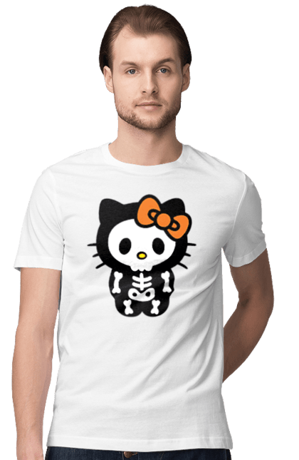 Футболка мужская с принтом Хелло Китти Хэллоуин. Halloween, hello kitty, zombie, бренд, зомби, котенок, персонаж, скелет, хелло китти, хэллоуин. 2070702