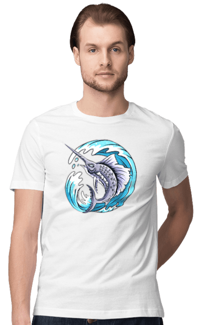 Футболка чоловіча з принтом "Риба Меч І Хвиля". Риба меч, хвиля. 2070702