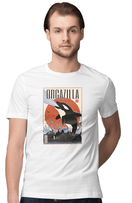 Men's t-shirt with prints Orcazilla. Cartoon style design, graphic, japan print, japanese, japanese art, japanese poster, japanese poster orca, ocean wildlife, orca, orcazilla. 2070702