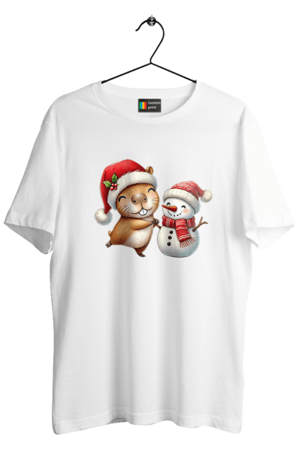 Men's t-shirt with prints Capybara and Snowman. Animal, capybara, christmas, christmas capybara, gift, holiday, new year, new year`s gift, santa, snowman. 2070702