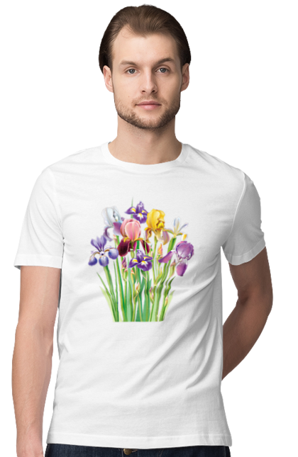 Футболка чоловіча з принтом "Букет ірисів". Весна, ірис, іриси, квіти, квітка, літо. futbolka.stylus.ua