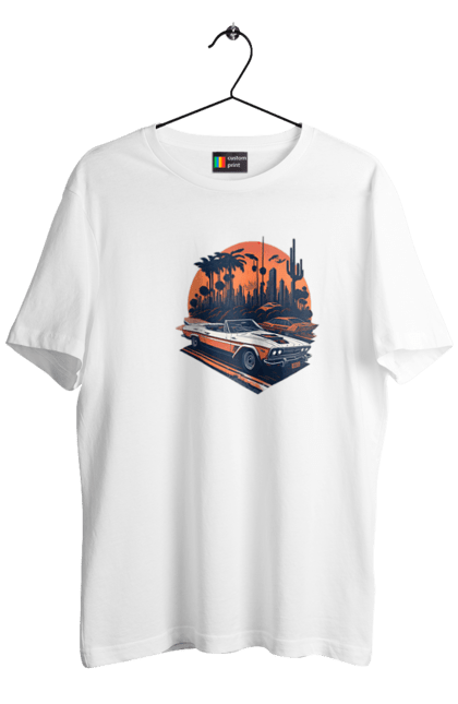 Футболка мужская с принтом Красивая машина на закате. Авто, закат, закат, отклонить, солнце. 2070702