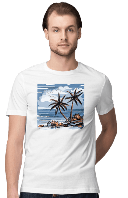 Футболка чоловіча з принтом "Пальми І Небо". Море, небо, пальми, хмари. 2070702