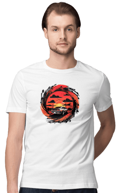 Футболка чоловіча з принтом "Феррарі на заході сонця". Авто, автомобіль, машини, феррарі. 2070702