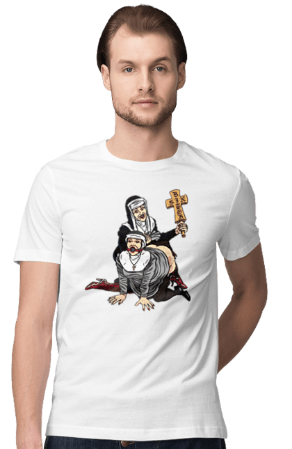 Футболка чоловіча з принтом "Монашки БДСМ". Бдсм, крута, модна, молодіжна, плескає по дупі, рок, рольові ігри, черниці бдсм, черницю, черниця. 2070702