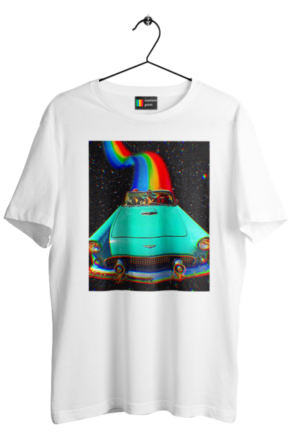 Men`s t-shirt with prints Picture, a car in space. Joke, machine, picture, rainbow, retro, space, travel, trip. 2070702