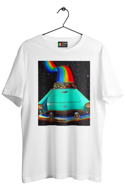 Men`s t-shirt with prints Picture, a car in space. Joke, machine, picture, rainbow, retro, space, travel, trip. 2070702