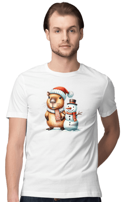 Men's t-shirt with prints Capybara and Snowman. Animal, capybara, christmas, christmas capybara, gift, holiday, new year, new year`s gift, santa, snowman. 2070702