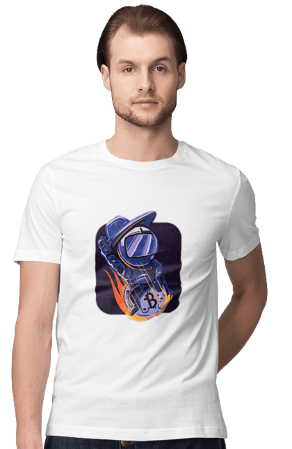 Футболка чоловіча з принтом "Космо біткоїн". Биткоин, бінарний, біткоїн, біткойн, валюта, гроші, крипто, програміст, хакер. 2070702